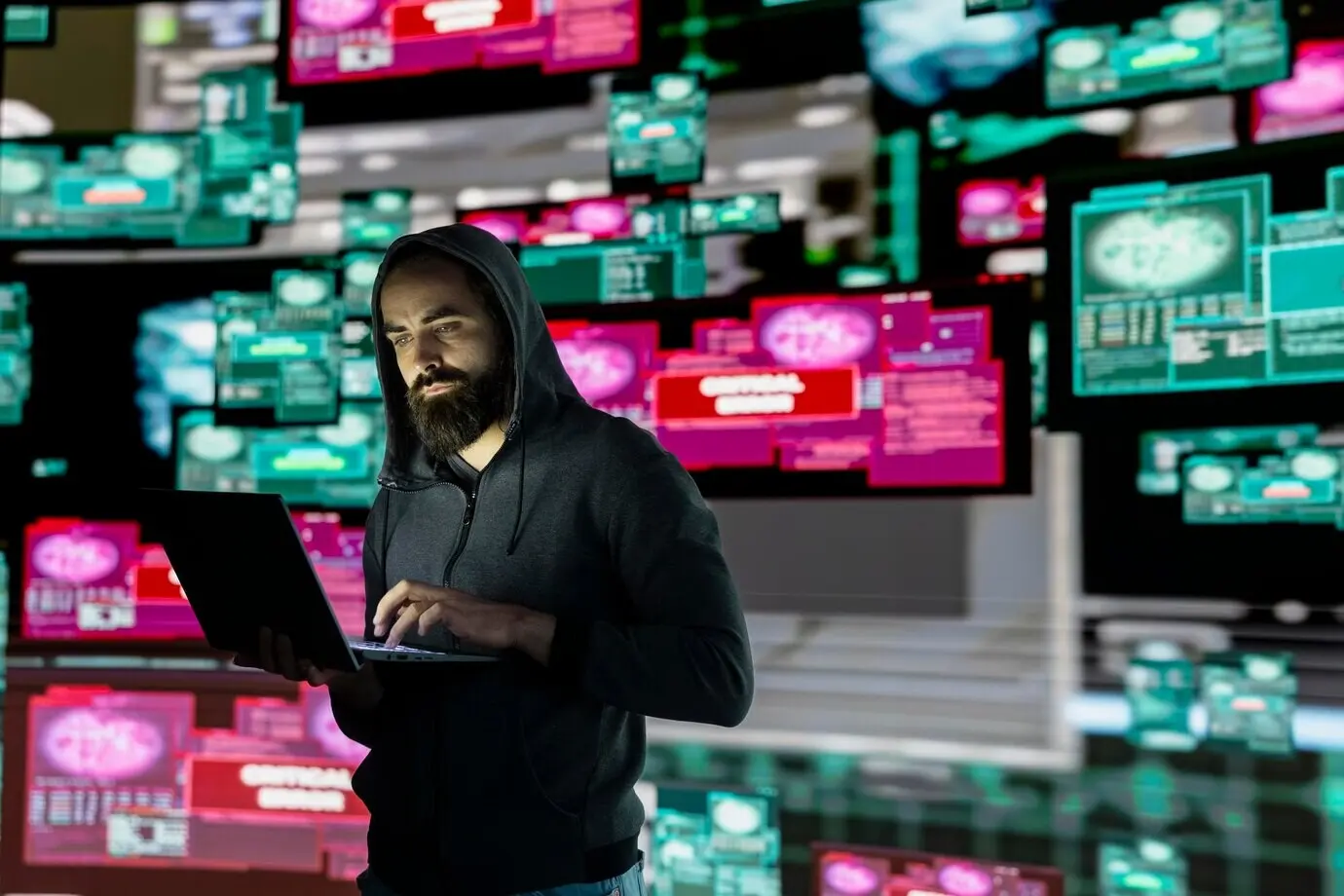 Хакер-мужчина действует в скрытом режиме, взламывая доступ к системе с помощью кода.