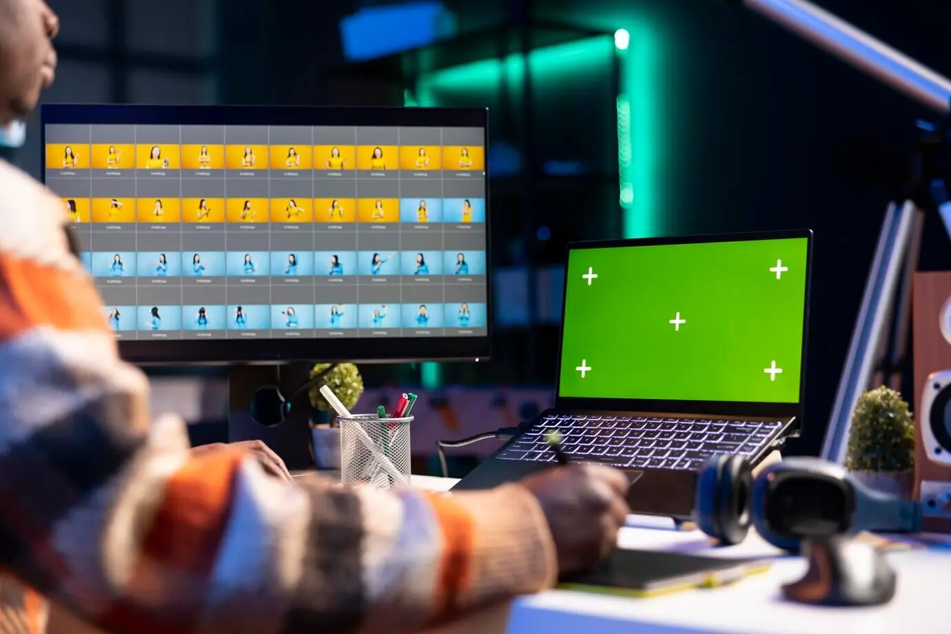 Творческий афроамериканский графический дизайнер редактирует изображения рядом со свободным пространством для текста.